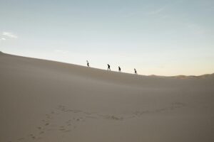 A group of people hiking at sunrise in the Samalayuca Desert, Mexico.